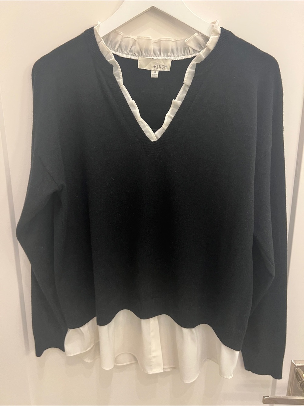 Pinch Black V-Neck Sweater with White Shirt Hem & Neckline Detail